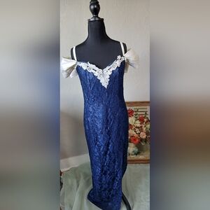 Vintage 90s Prom Dress | Vintage Robert Dress | Formal Gown | Blue Lace Dress